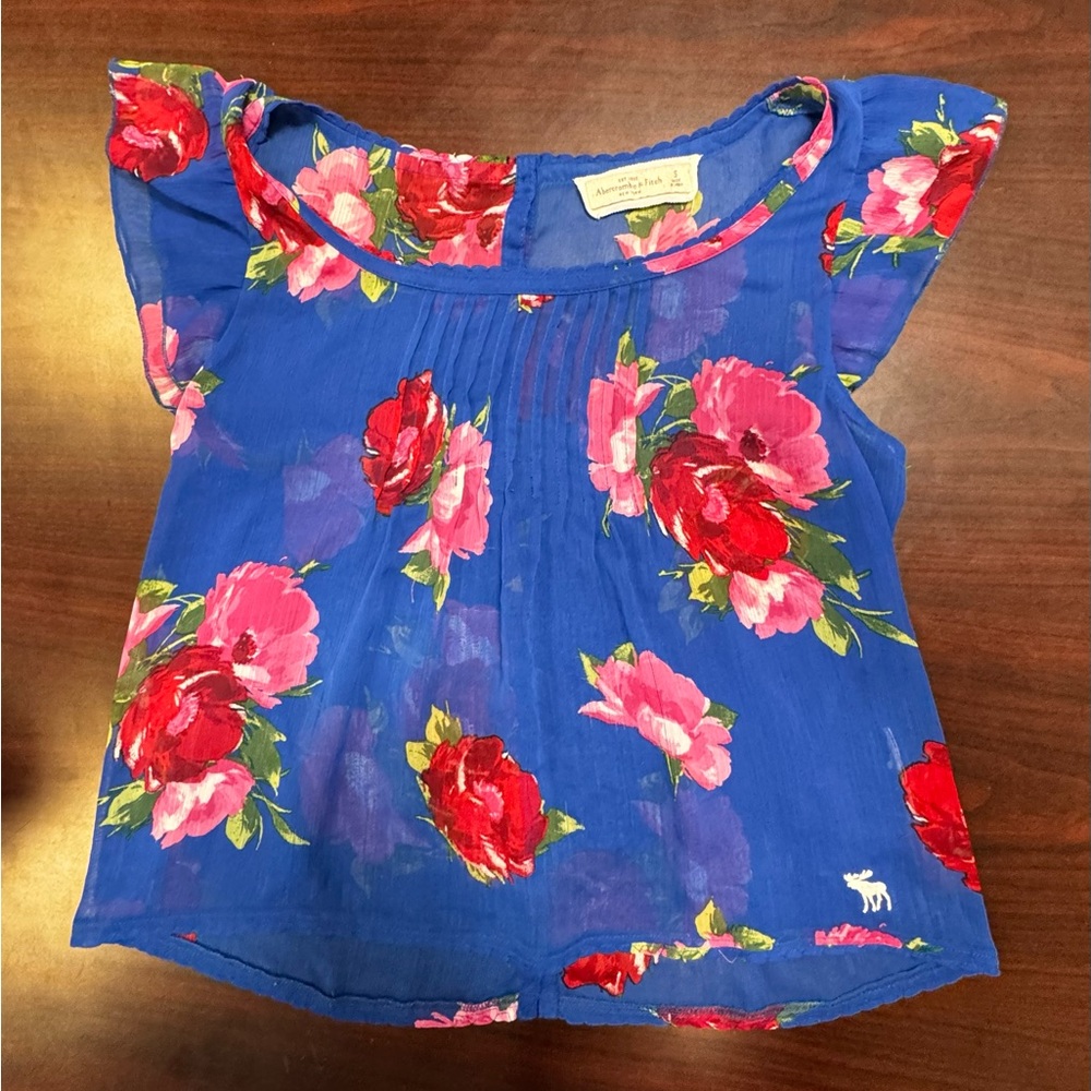 Abercrombie & Fitch Sheer Blue and Red Floral Flutter Sleeve Blouse